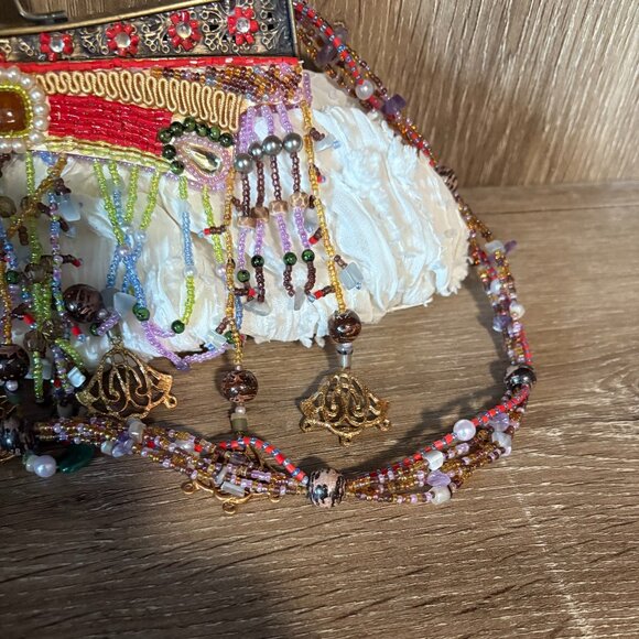 MARY FRANCIS White rusched handbag trimmed in multi color beads NWOT - Picture 6 of 6